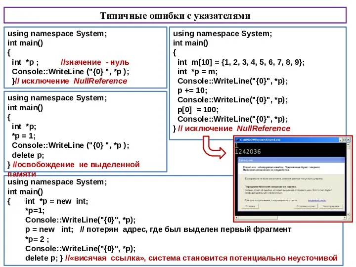 using namespace System; int main() { int *p ; //значение - нуль