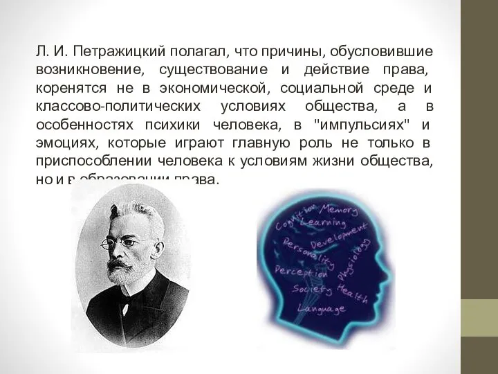Л. И. Петражицкий полагал, что причины, обусловившие возникновение, существование и действие права,