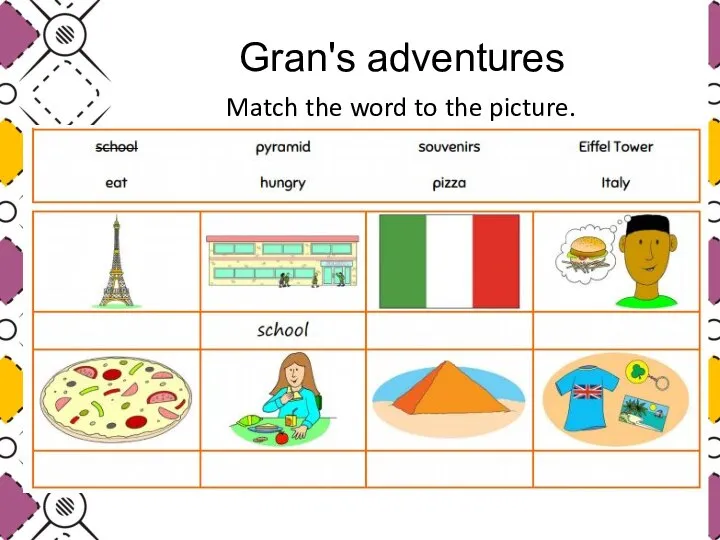 Match the word to the picture. Gran's adventures