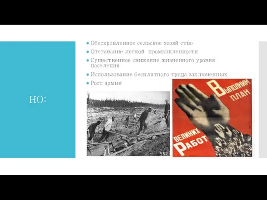 НО: Обескровленное сельское хозяйство Отставание легкой промышленности Существенное снижение жизненного уровня населения