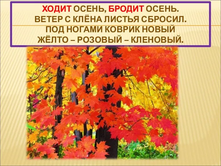 ХОДИТ ОСЕНЬ, БРОДИТ ОСЕНЬ. ВЕТЕР С КЛЁНА ЛИСТЬЯ СБРОСИЛ. ПОД НОГАМИ КОВРИК