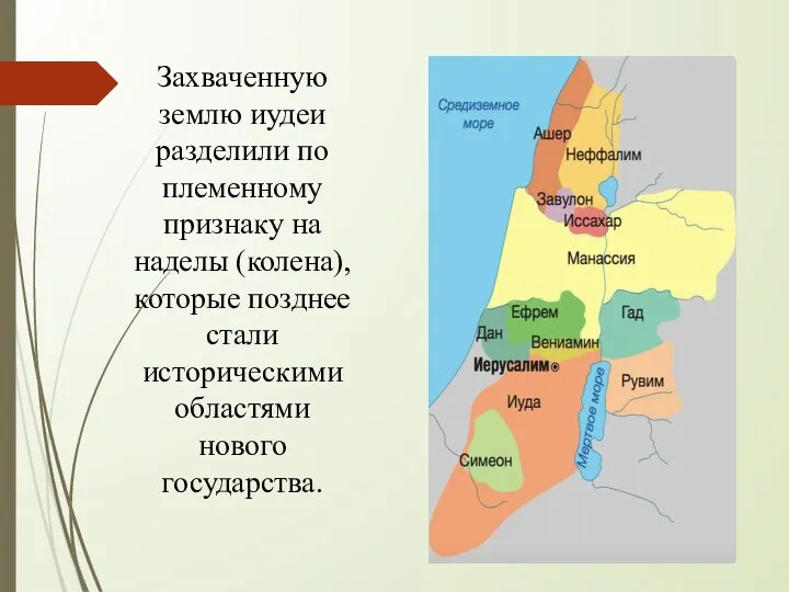 Захваченную землю иудеи разделили по племенному признаку на наделы (колена), которые позднее