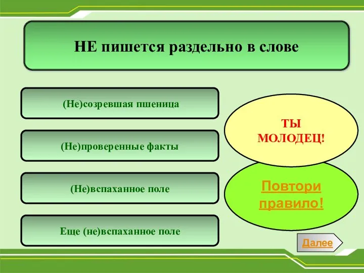 НЕ пишется раздельно в слове (Не)вспаханное поле (Не)созревшая пшеница Еще (не)вспаханное поле