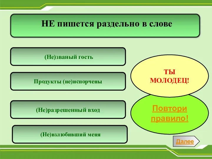 (Не)разрешенный вход (Не)званый гость Продукты (не)испорчены (Не)взлюбивший меня Повтори правило! ТЫ МОЛОДЕЦ!