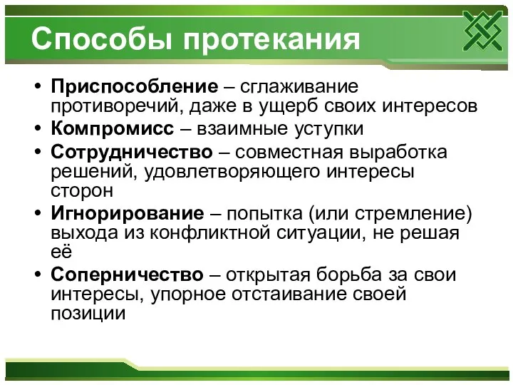 Способы протекания Приспособление – сглаживание противоречий, даже в ущерб своих интересов Компромисс