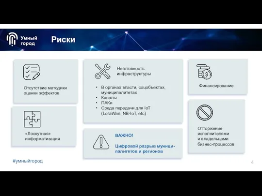 4 Риски Отсутствие методики оценки эффектов В органах власти, соцобъектах, муниципалитетах Каналы