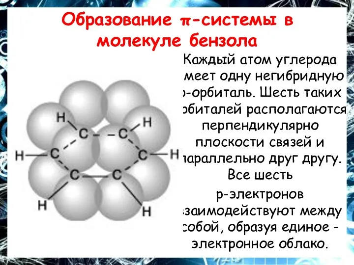 Образование π-системы в молекуле бензола Каждый атом углерода имеет одну негибридную р-орбиталь.