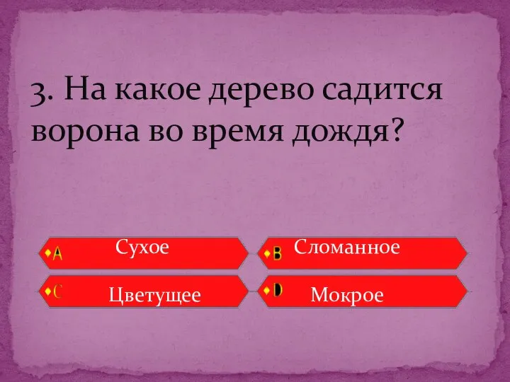 Сухое Сломанное Цветущее Мокрое 3. На какое дерево садится ворона во время дождя?