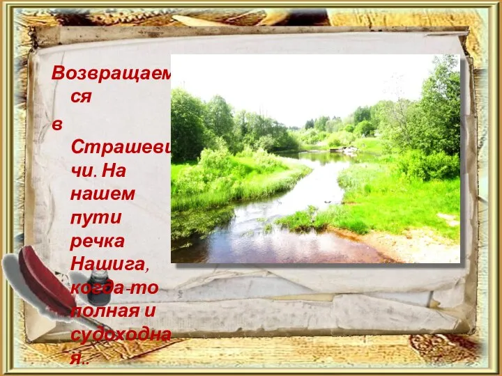 Возвращаемся в Страшевичи. На нашем пути речка Нашига, когда-то полная и судоходная..