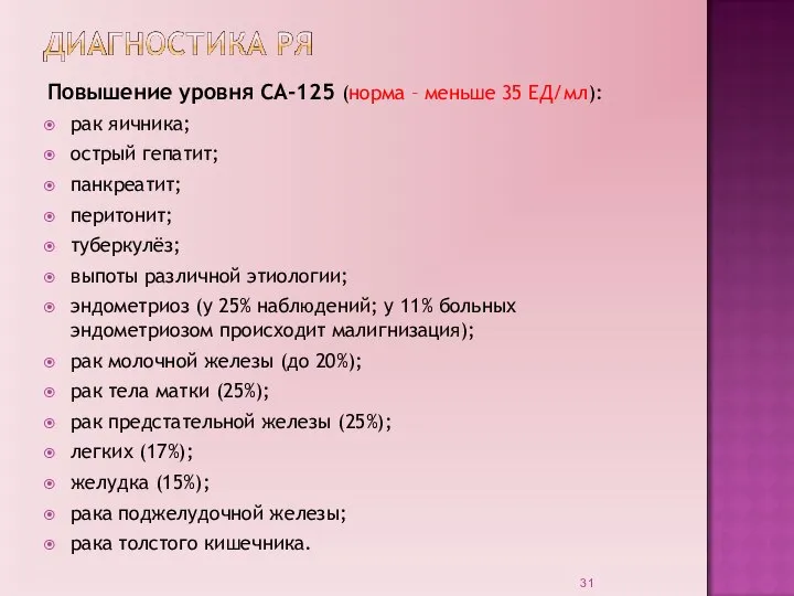 Повышение уровня СА-125 (норма – меньше 35 ЕД/мл): рак яичника; острый гепатит;