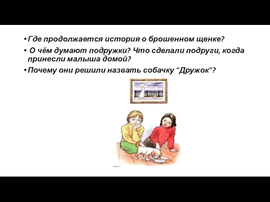 Где продолжается история о брошенном щенке? О чём думают подружки? Что сделали