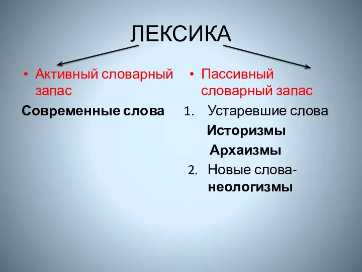 ЛЕКСИКА Активный словарный запас Современные слова Пассивный словарный запас Устаревшие слова Историзмы