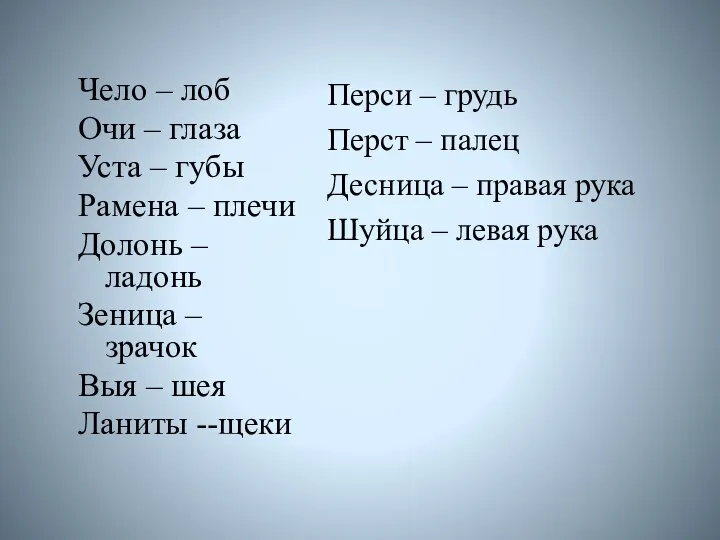 Чело – лоб Очи – глаза Уста – губы Рамена – плечи