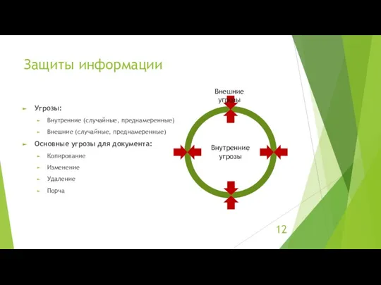 Защиты информации Угрозы: Внутренние (случайные, преднамеренные) Внешние (случайные, преднамеренные) Основные угрозы для