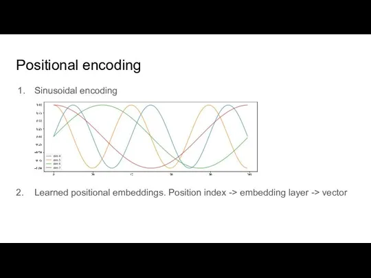 Positional encoding Sinusoidal encoding 2. Learned positional embeddings. Position index -> embedding layer -> vector