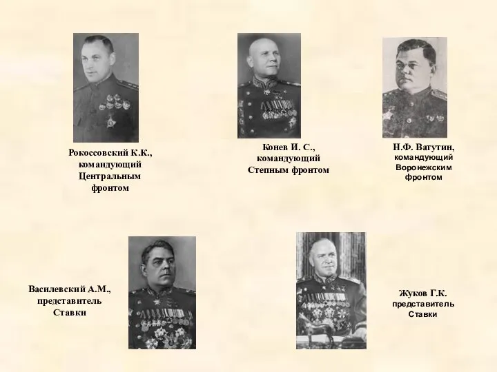 Рокоссовский К.К., командующий Центральным фронтом Конев И. С., командующий Степным фронтом Н.Ф.
