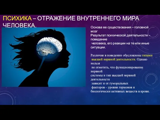 ПСИХИКА – ОТРАЖЕНИЕ ВНУТРЕННЕГО МИРА ЧЕЛОВЕКА. Основа ее существования – головной мозг