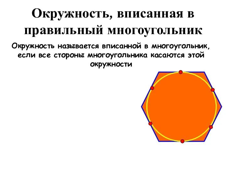 Окружность, вписанная в правильный многоугольник Окружность называется вписанной в многоугольник, если все