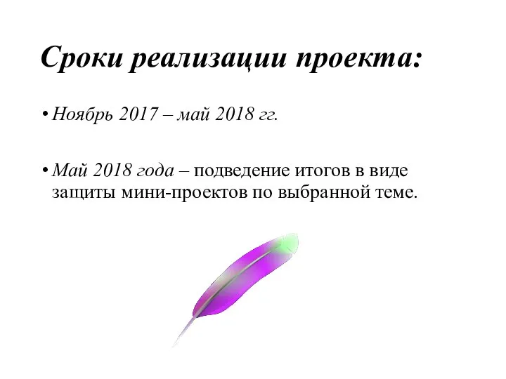 Сроки реализации проекта: Ноябрь 2017 – май 2018 гг. Май 2018 года