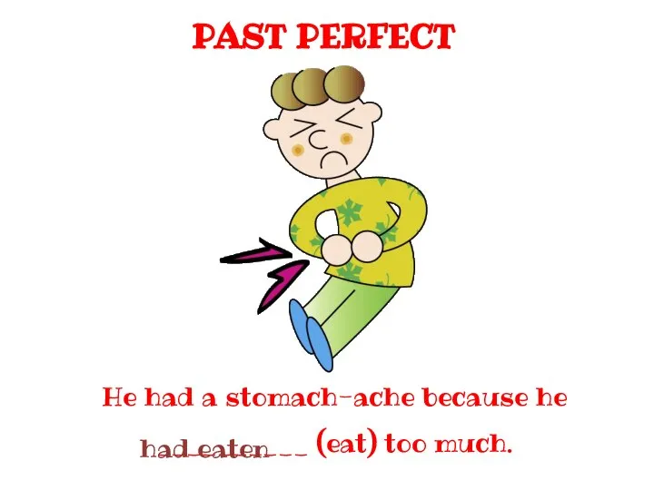 PAST PERFECT He had a stomach-ache because he __________ (eat) too much. had eaten