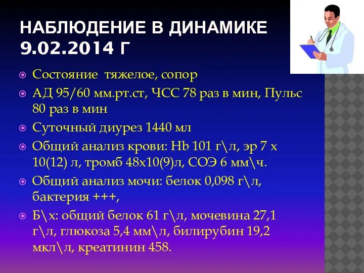 НАБЛЮДЕНИЕ В ДИНАМИКЕ 9.02.2014 Г Состояние тяжелое, сопор АД 95/60 мм.рт.ст, ЧСС