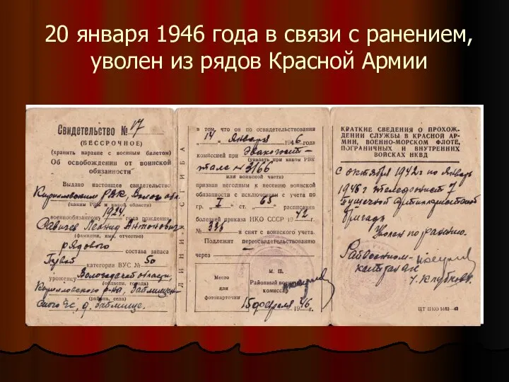 20 января 1946 года в связи с ранением, уволен из рядов Красной Армии