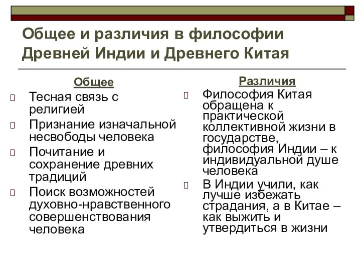 Общее и различия в философии Древней Индии и Древнего Китая Общее Тесная