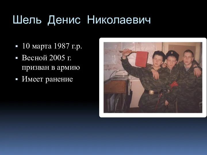 Шель Денис Николаевич 10 марта 1987 г.р. Весной 2005 г. призван в армию Имеет ранение