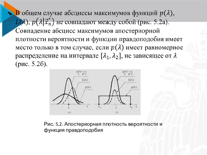 Рис. 5.2. Апостериорная плотность вероятности и функция правдоподобия