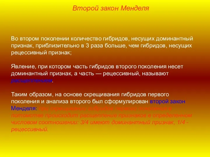 Второй закон Менделя Во втором поколении количество гибридов, несущих доминантный признак, приблизительно