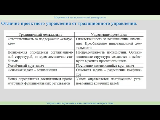 Управление научными и инвестиционными проектами Московский технологический университет Отличие проектного управления от традиционного управления.