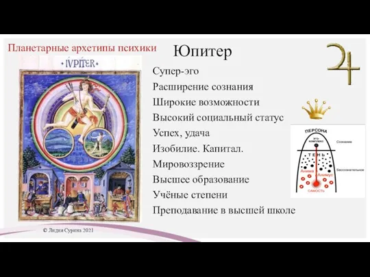 Юпитер Супер-эго Расширение сознания Широкие возможности Высокий социальный статус Успех, удача Изобилие.