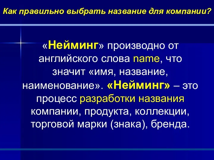 «Нейминг» производно от английского слова name, что значит «имя, название, наименование». «Нейминг»