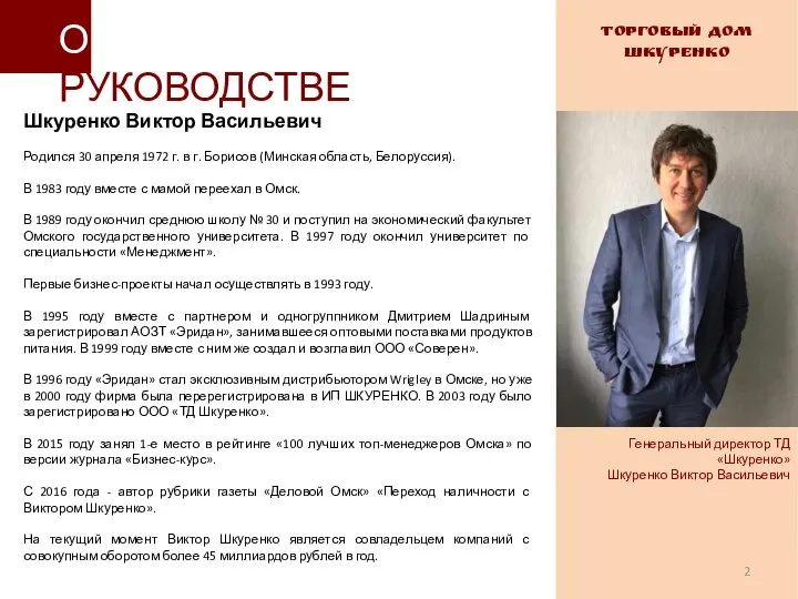 ТОРГОВЫЙ ДОМ ШКУРЕНКО О РУКОВОДСТВЕ Шкуренко Виктор Васильевич Родился 30 апреля 1972