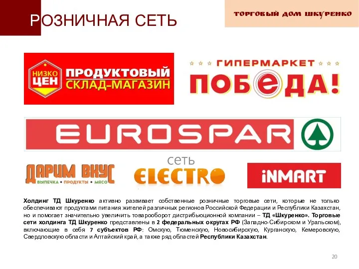 ТОРГОВЫЙ ДОМ ШКУРЕНКО РОЗНИЧНАЯ СЕТЬ Холдинг ТД Шкуренко активно развивает собственные розничные