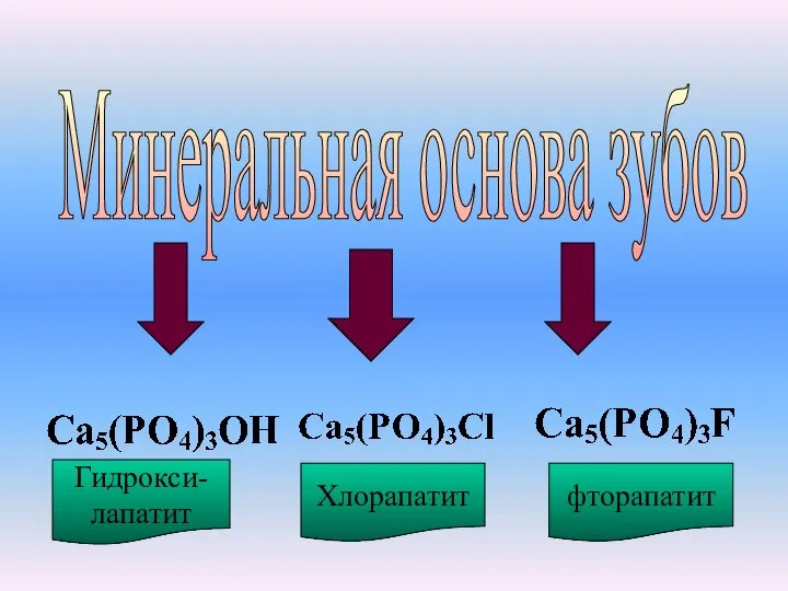 Минеральная основа зубов Гидрокси- лапатит Хлорапатит фторапатит