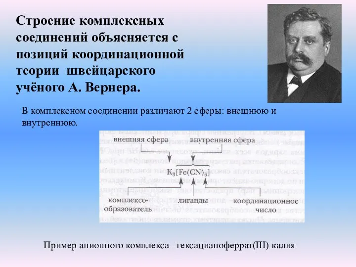 Строение комплексных соединений объясняется с позиций координационной теории швейцарского учёного А. Вернера.