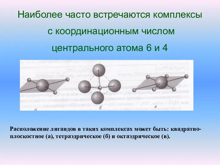 Наиболее часто встречаются комплексы с координационным числом центрального атома 6 и 4