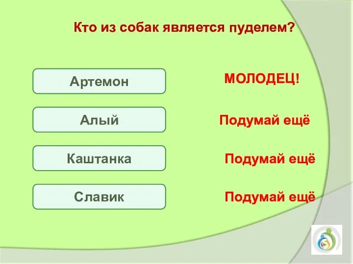 Кто из собак является пуделем? Артемон Каштанка Славик Подумай ещё Подумай ещё Подумай ещё МОЛОДЕЦ! Алый