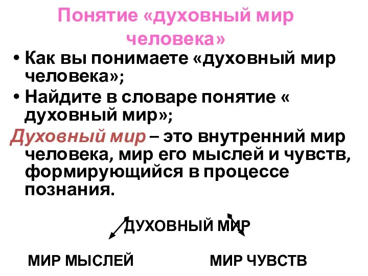 Понятие «духовный мир человека» Как вы понимаете «духовный мир человека»; Найдите в