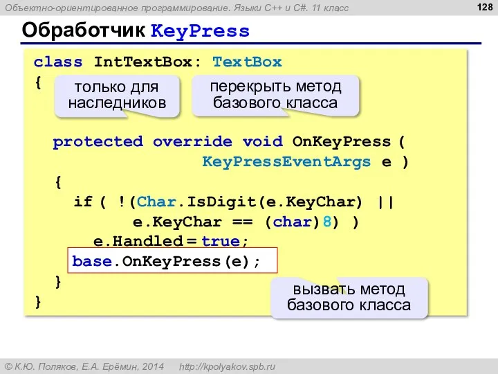 Обработчик KeyPress class IntTextBox: TextBox { protected override void OnKeyPress ( KeyPressEventArgs