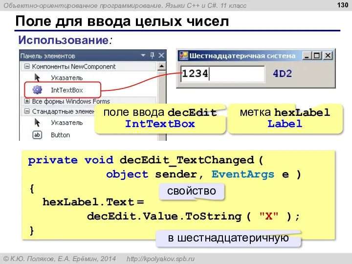 Поле для ввода целых чисел private void decEdit_TextChanged ( object sender, EventArgs