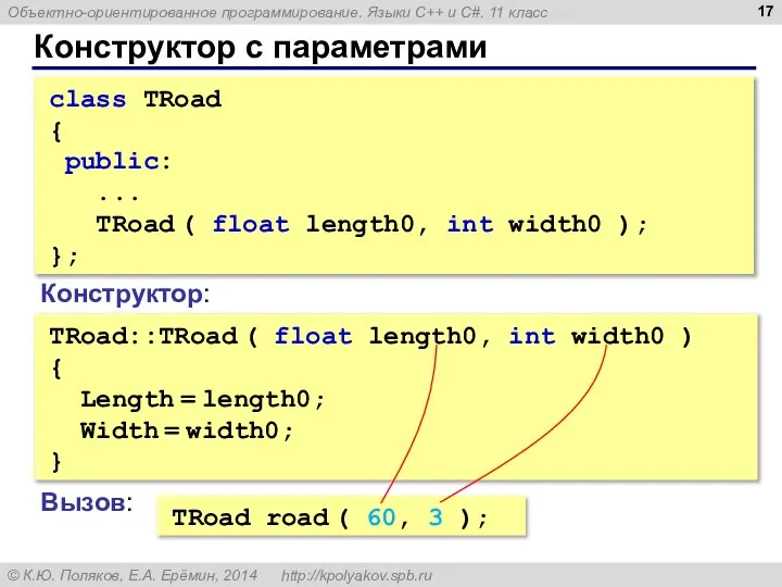 Конструктор с параметрами class TRoad { public: ... TRoad ( float length0,