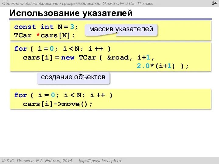 Использование указателей const int N = 3; TCar *cars[N]; for ( i