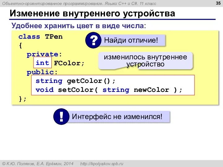 Изменение внутреннего устройства class TPen { private: int FColor; public: string getColor();