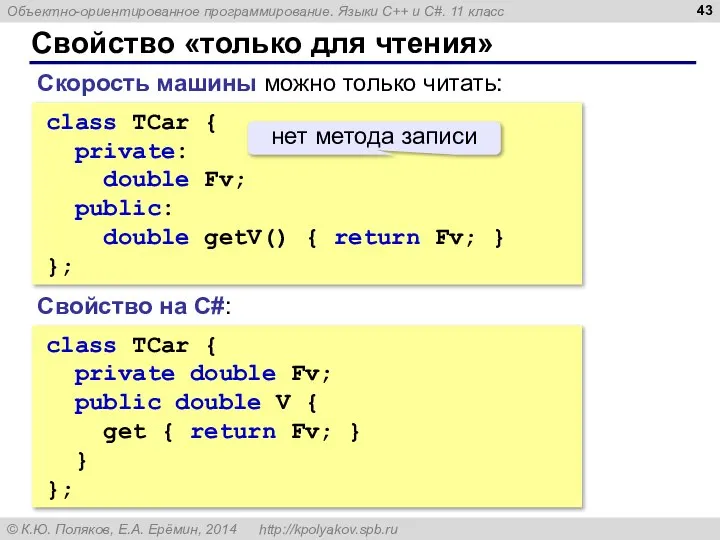 Свойство «только для чтения» class TCar { private: double Fv; public: double