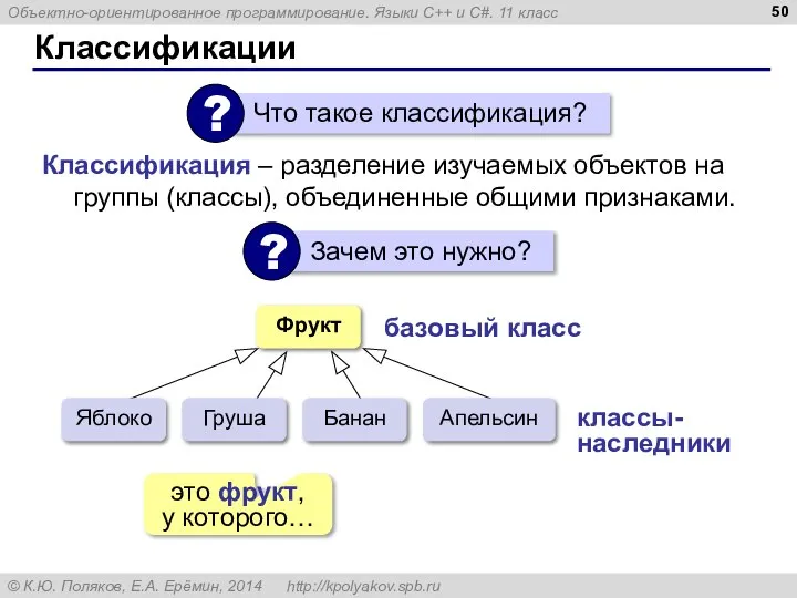 Классификации Классификация – разделение изучаемых объектов на группы (классы), объединенные общими признаками.