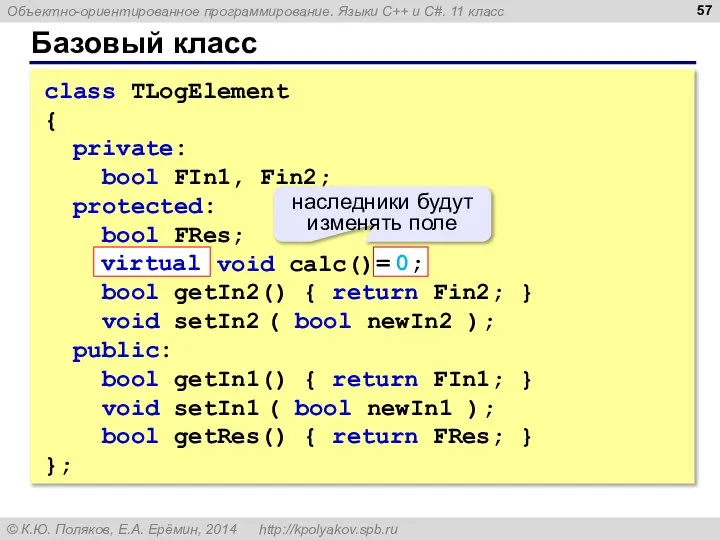 Базовый класс class TLogElement { private: bool FIn1, Fin2; protected: bool FRes;