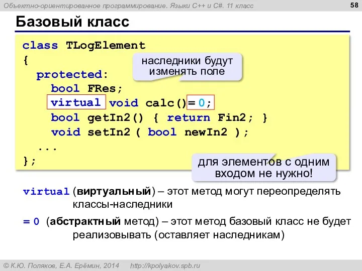 Базовый класс class TLogElement { protected: bool FRes; virtual void calc()= 0;