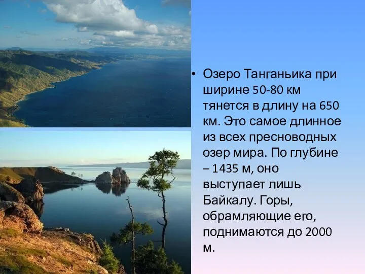 Озеро Танганьика при ширине 50-80 км тянется в длину на 650 км.